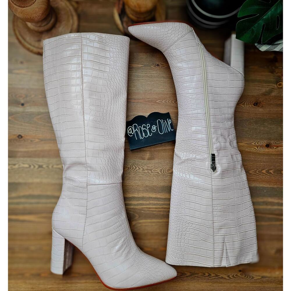 Light Pink Knee High Block Heel Faux Crocodile Pointed Toe Boots